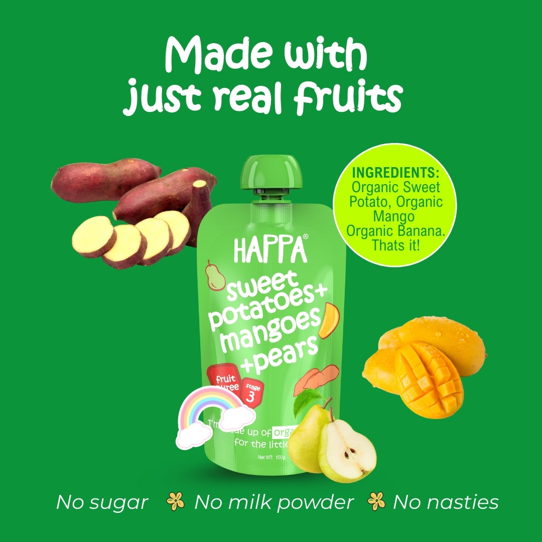 Happa Organic Baby Food Sweet Potato Mango and Pear Puree | 100% Fruits and Vegetables | No Added Sugar, No Milk Powder, No Preservatives | Stage 3 (8 Months+) | Ready to Eat | Free from Common Allergens | Pack of 3 (100g Each)