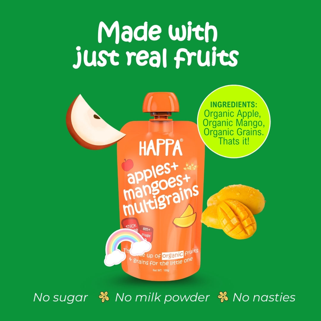 Happa Organic Baby Food Apple Mango and Multigrain Puree | 100% Fruits | No Added Sugar, No Milk Powder, No Preservatives | Stage 3 (8 Months+) | Ready to Eat | Free from Common Allergens | Pack of 3 (100g Each)
