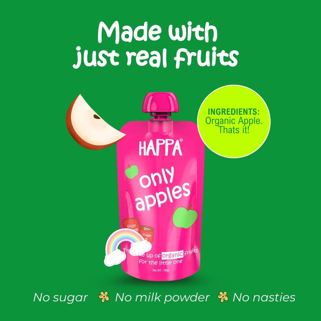 Happa Organic Baby Food Apple Puree | 100% Fruits | No Added Sugar, No Milk Powder, No Preservatives | Stage 1 (6 Months+) | Ready to Eat | Free from Common Allergens | Pack of 3 (100g Each)