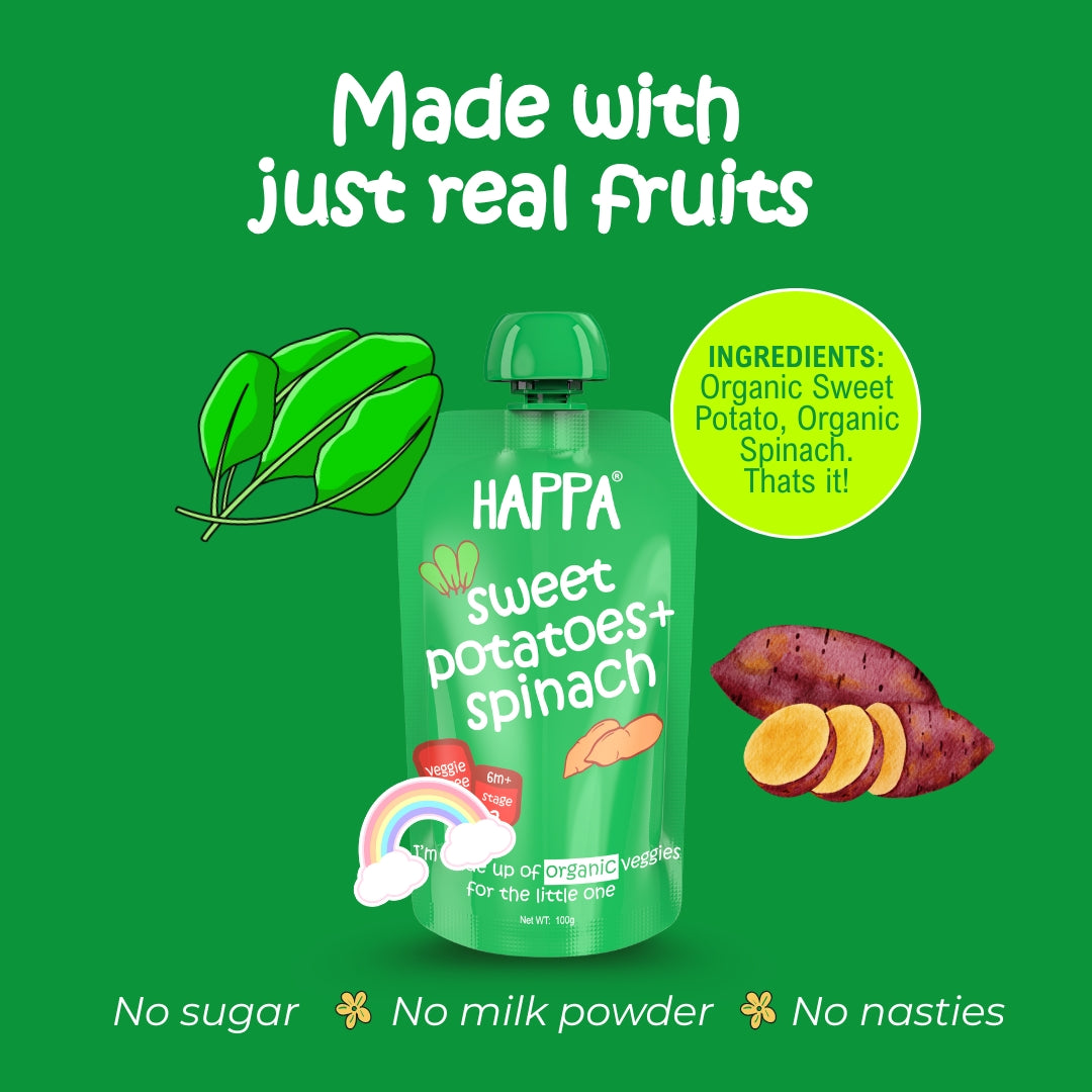 Happa Organic Baby Food Sweet Potato and Spinach Puree | 100% Fruits and Vegetables | No Added Sugar, No Milk Powder, No Preservatives | Stage 2 (6 Months+) | Ready to Eat | Free from Common Allergens | Pack of 3 (100g Each)