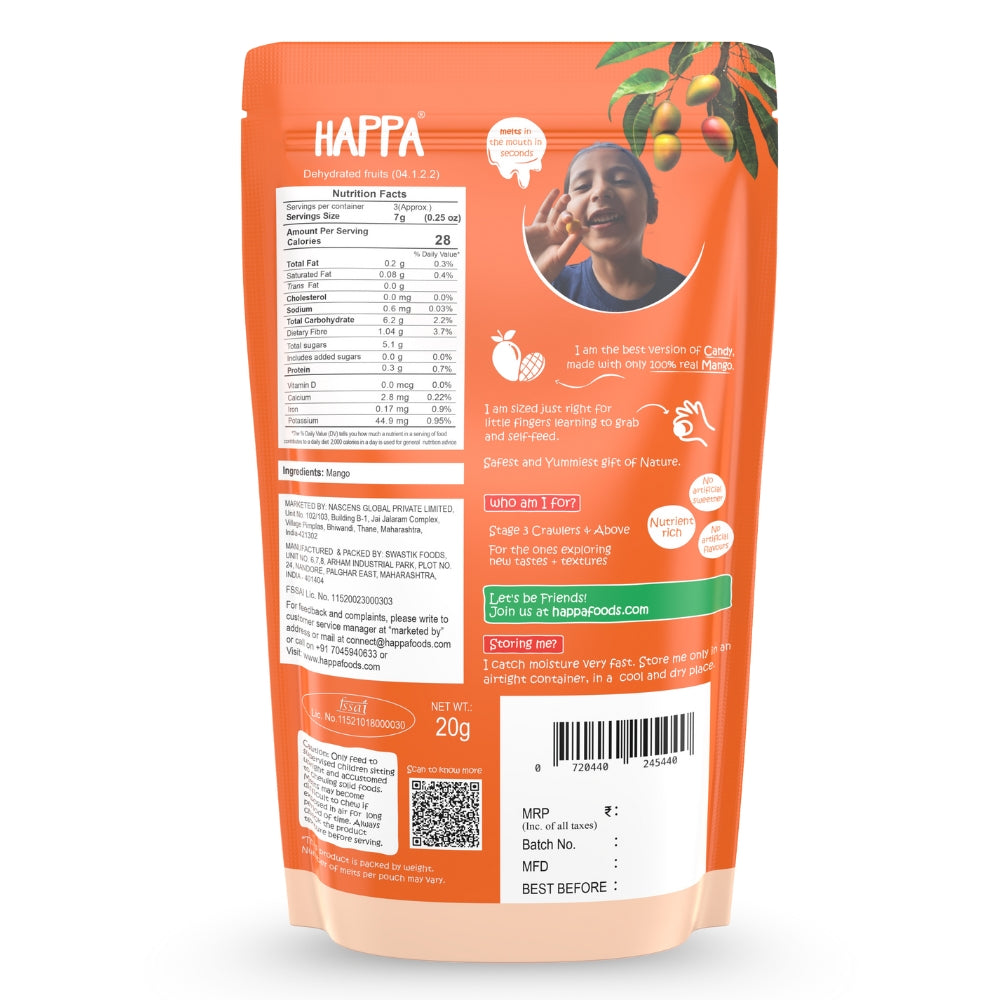 Happa Mango Melts | 100% Fruit Candy for Babies, Kids & Adults | Single-Ingredient | No Added Sugar, No Colours, No Artificial Flavours | Melt-in-the-Mouth Snack | 8 Months+ | 20g (Pack of 1)