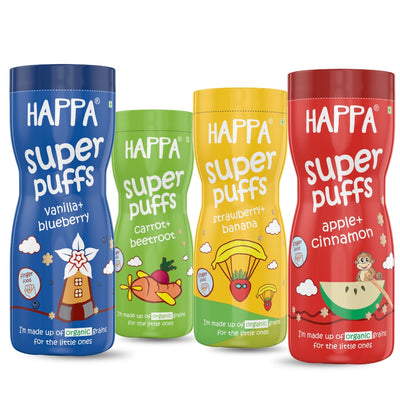 Happa Baby Puffs Variety Pack – Vanilla Blueberry, Carrot Beetroot, Strawberry Banana and Apple Cinnamon | Melt-in-the-Mouth Finger Food for Babies | Supports Self-Feeding and Baby-Led Weaning | No Artificial Flavours or Colours | Stage 2 (8+ Months)