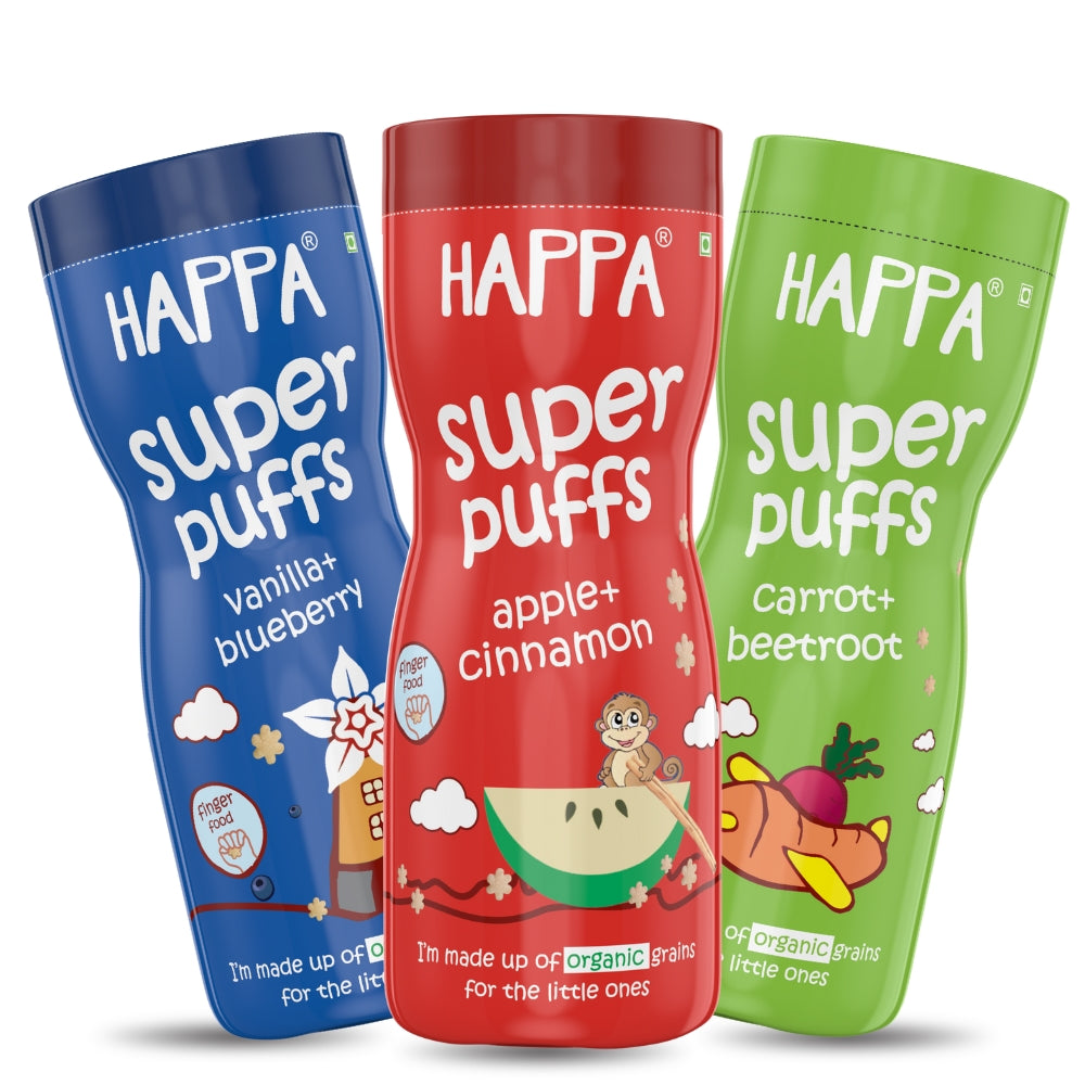 Happa Vanilla Blueberry and Carrot Beetroot and Apple Cinnamom Baby Puffs | Melt-in-the-Mouth Finger Food for Babies | Supports Self-Feeding & Baby-Led Weaning | No Artificial Flavours or Colours | Stage 2 (8 Months+) | Pack of 3 (40g Each)