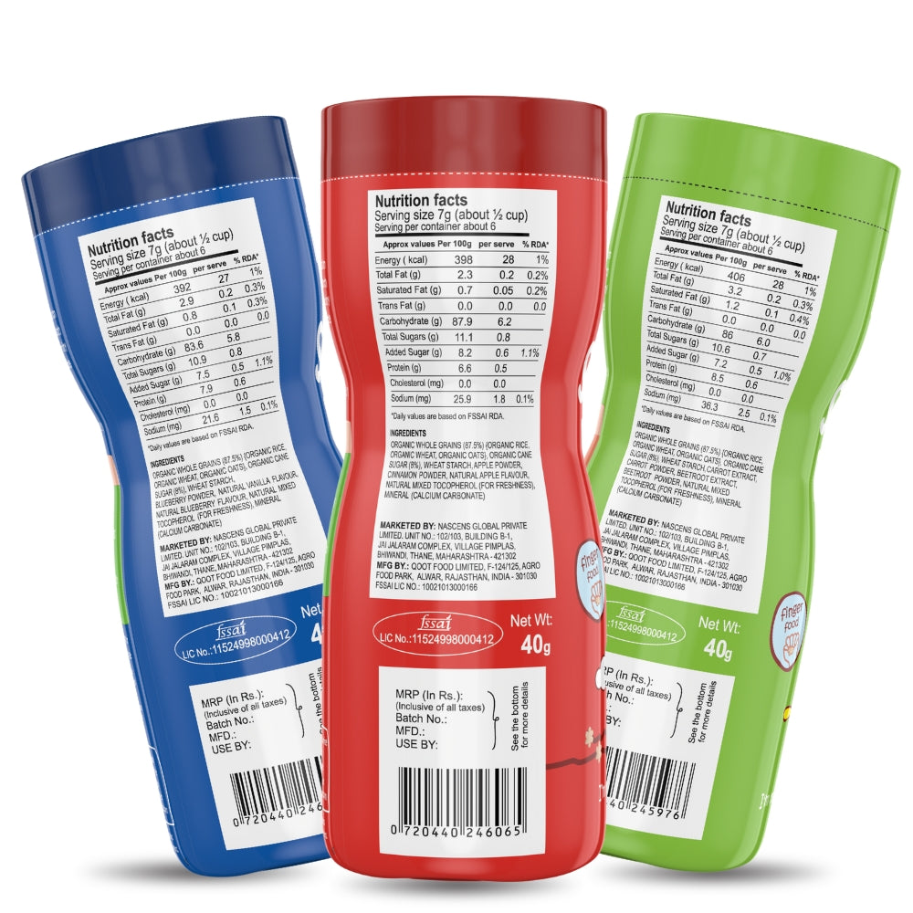 Happa Vanilla Blueberry and Carrot Beetroot and Apple Cinnamom Baby Puffs | Melt-in-the-Mouth Finger Food for Babies | Supports Self-Feeding & Baby-Led Weaning | No Artificial Flavours or Colours | Stage 2 (8 Months+) | Pack of 3 (40g Each)