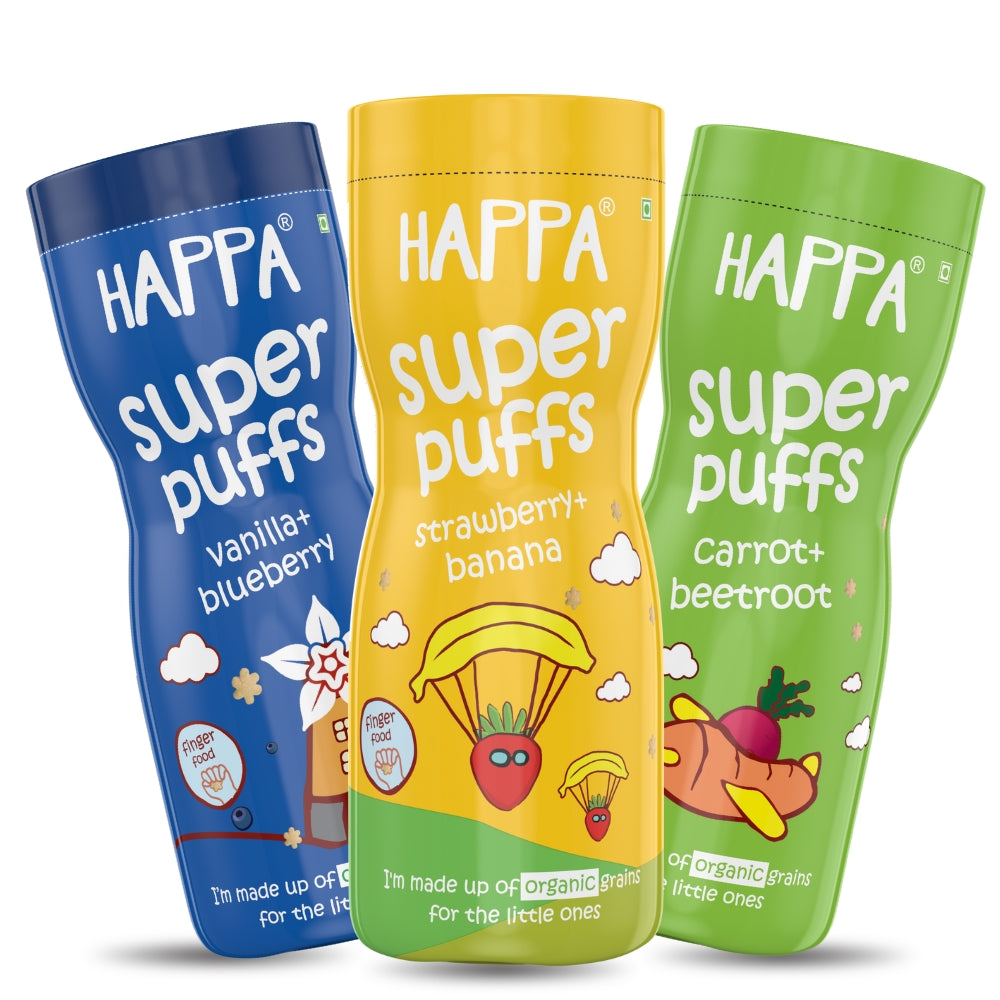 Happa Vanilla Blueberry and Carrot Beetroot and Strawberry Banana Baby Puffs | Melt-in-the-Mouth Finger Food for Babies | Supports Self-Feeding & Baby-Led Weaning | No Artificial Flavours or Colours | Stage 2 (8 Months+) | Pack of 3 (40g Each)