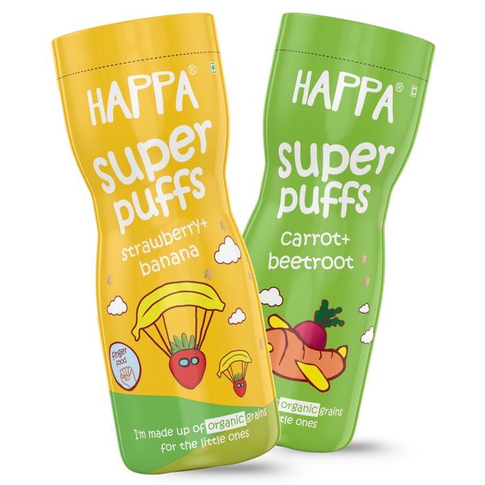 Happa Carrot Beetroot and Strawberry Banana Baby Puffs | Melt-in-the-Mouth Finger Food for Babies | Supports Self-Feeding & Baby-Led Weaning | No Artificial Flavours or Colours | Stage 2 (8 Months+) | Pack of 2 (40g Each)