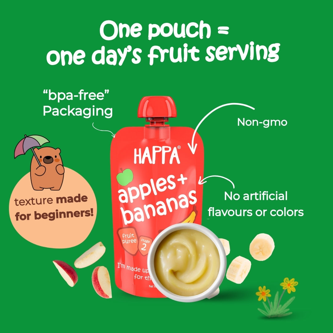 Happa Organic Baby Food Apple and Banana Puree | 100% Fruits | No Added Sugar, No Milk Powder, No Preservatives | Stage 2 (6 Months+) | Ready to Eat | Free from Common Allergens | Pack of 3 (100g Each)