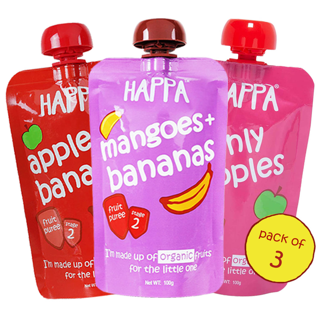 Mango+Banana, Apple+Banana + Only Apples Fruit puree (Pack of 3) - Happafoods