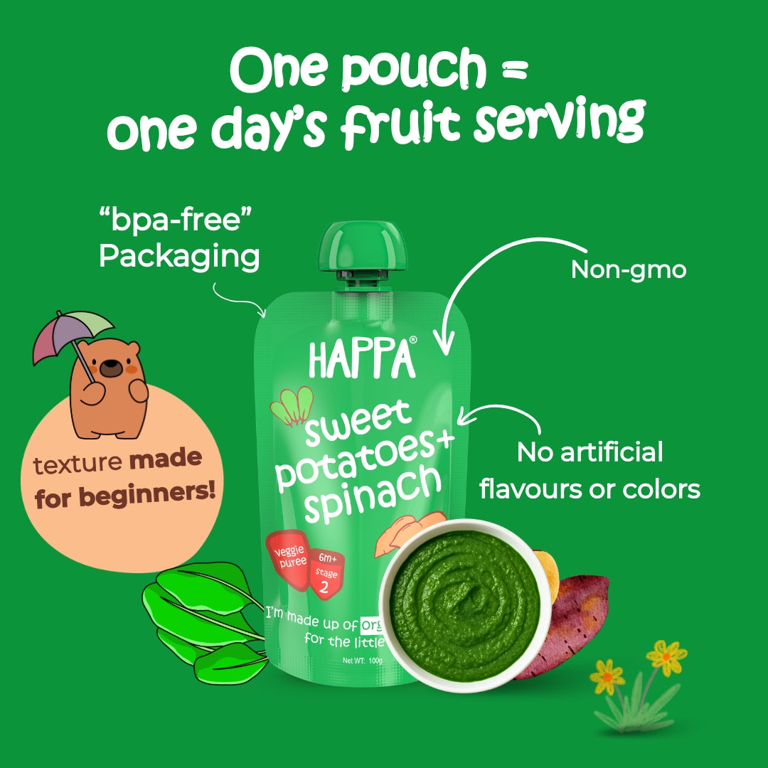Happa Organic Baby Food Sweet Potato and Spinach Puree | 100% Fruits and Vegetables | No Added Sugar, No Milk Powder, No Preservatives | Stage 2 (6 Months+) | Ready to Eat | Free from Common Allergens | Pack of 3 (100g Each)
