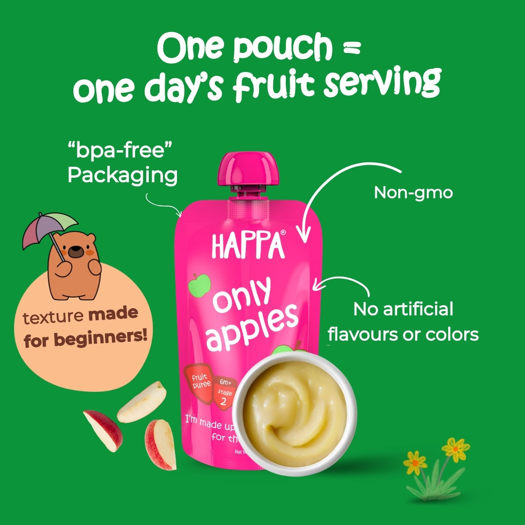 Happa Organic Baby Food Apple Puree | 100% Fruits | No Added Sugar, No Milk Powder, No Preservatives | Stage 1 (6 Months+) | Ready to Eat | Free from Common Allergens | Pack of 3 (100g Each)