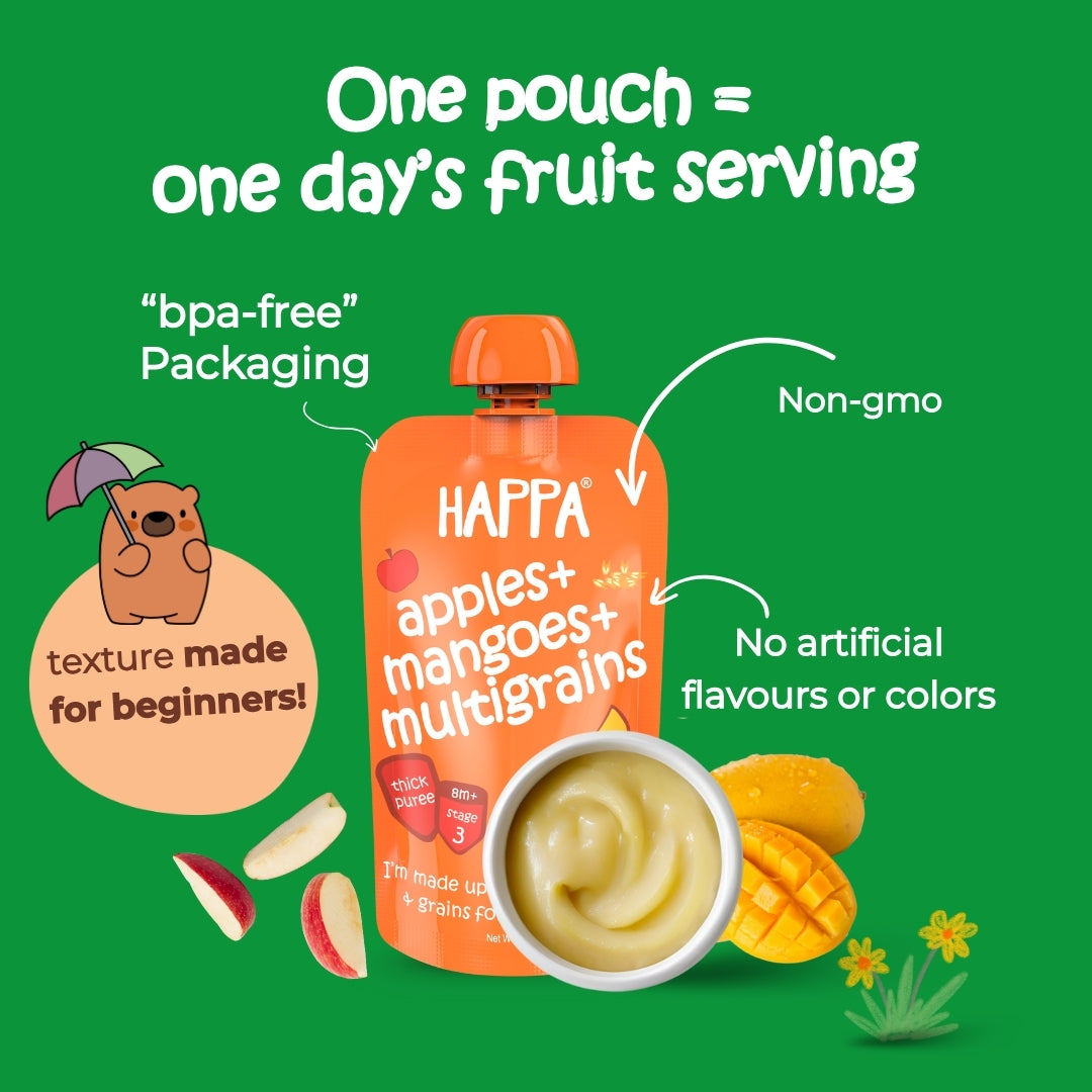 Happa Organic Baby Food Apple Mango and Multigrain Puree | 100% Fruits | No Added Sugar, No Milk Powder, No Preservatives | Stage 3 (8 Months+) | Ready to Eat | Free from Common Allergens | Pack of 3 (100g Each)
