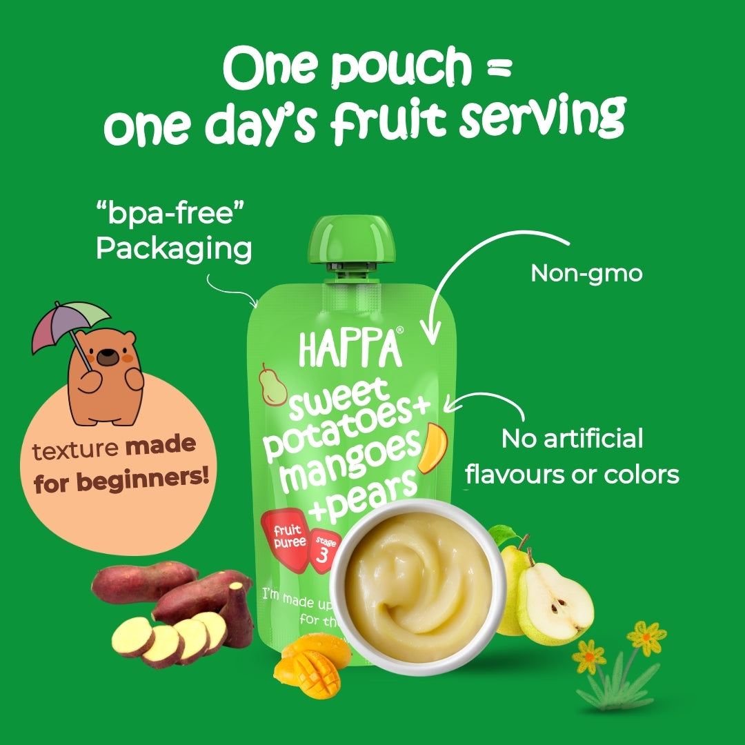 Happa Organic Baby Food Sweet Potato Mango and Pear Puree | 100% Fruits and Vegetables | No Added Sugar, No Milk Powder, No Preservatives | Stage 3 (8 Months+) | Ready to Eat | Free from Common Allergens | Pack of 3 (100g Each)