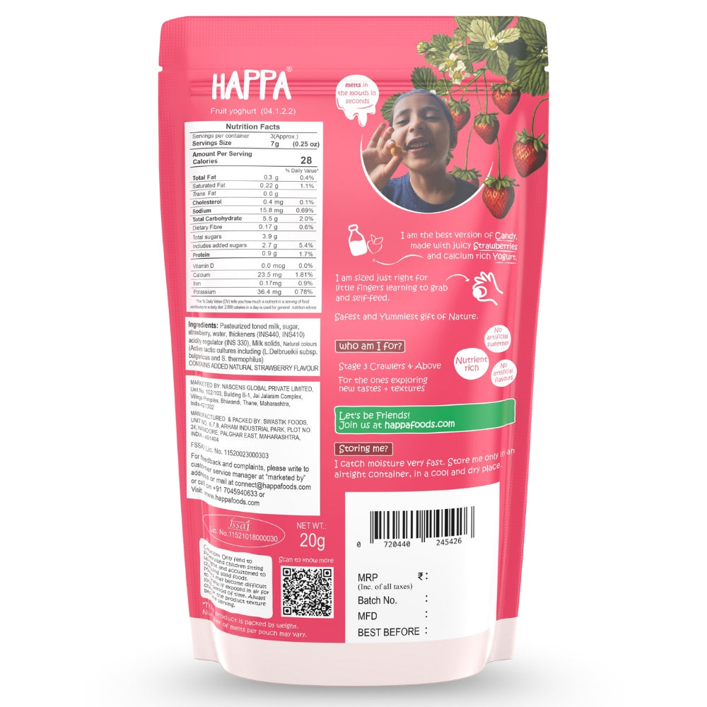 Happa Strawberry Yogurt Melts | Real Greek Yogurt Candy for Babies, Kids & Adults | No Added Sugar, No Colours, No Artificial Flavours | Melt-in-Mouth | 8M+ | Single Ingredient | 20g Pack of 1