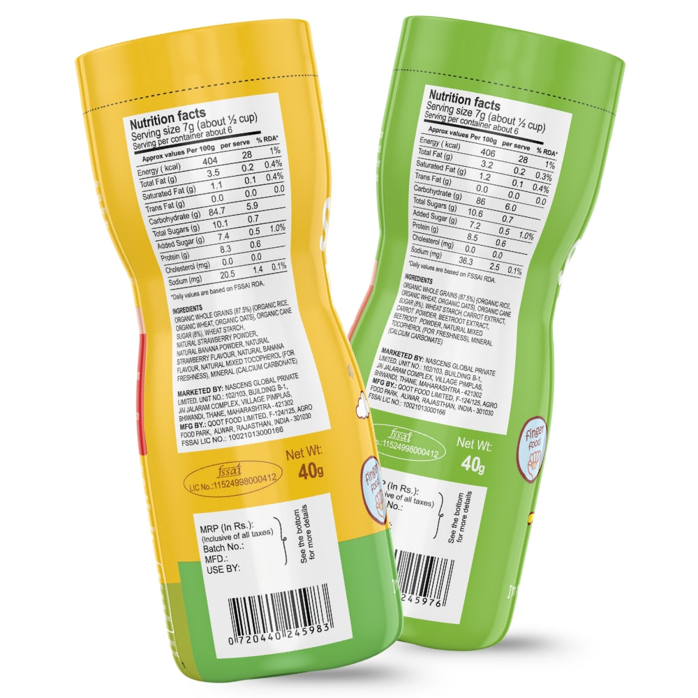 Happa Carrot Beetroot and Strawberry Banana Baby Puffs | Melt-in-the-Mouth Finger Food for Babies | Supports Self-Feeding & Baby-Led Weaning | No Artificial Flavours or Colours | Stage 2 (8 Months+) | Pack of 2 (40g Each)