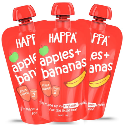 Happa Organic Baby Food Apple and Banana Puree | 100% Fruits | No Added Sugar, No Milk Powder, No Preservatives | Stage 2 (6 Months+) | Ready to Eat | Free from Common Allergens | Pack of 3 (100g Each)