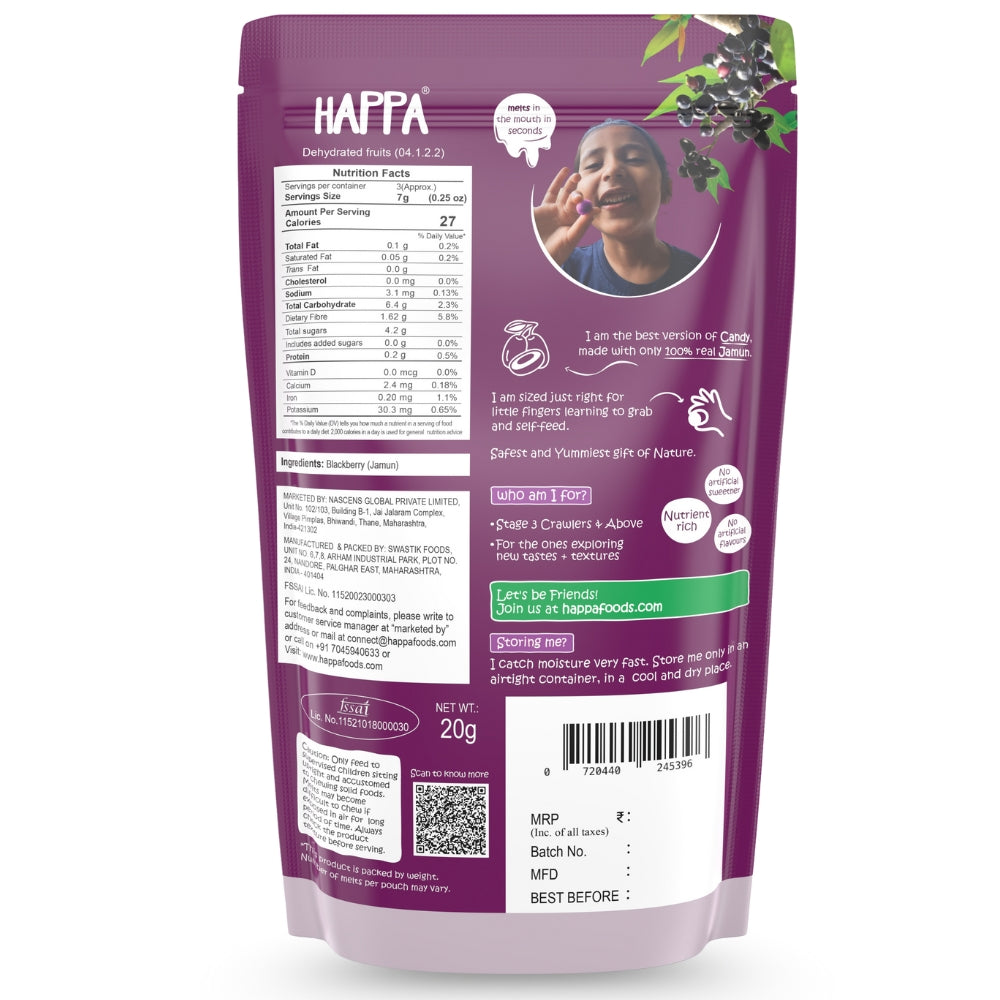 Happa Jamun Melts | 100% Fruit Candy for Babies, Kids & Adults | No Added Sugar, No Colours, No Artificial Flavours | Melt-in-Mouth | Single Ingredient | 8M+ | 20g Pack of 1