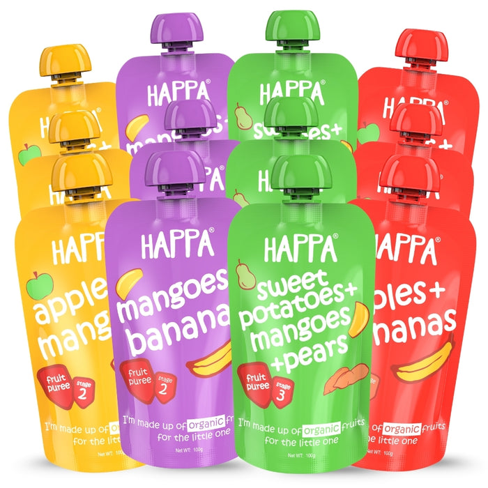 Happa Healthy Baby Food Puree | 100% Fruits and Vegetables | No Added Sugar, No Milk Powder, No Preservatives | Stage 2 (6 Months+) | Ready to Eat | Free from Common Allergens | Pack of 12 (100g Each)