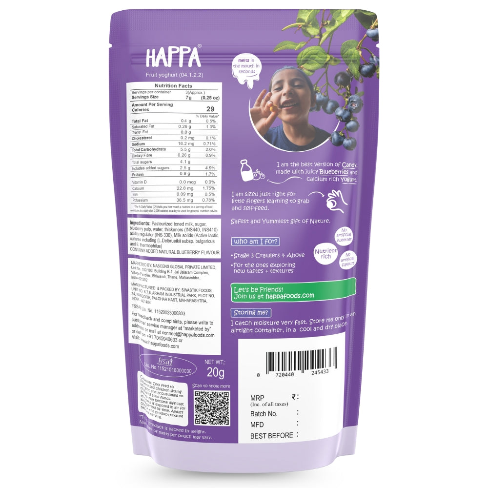 Happa Blueberry Yogo Melts | Real Fruit and Real yogurt snacks | Probiotics - Immunity Booster | Protien and Calcium |Safe for ages 8 months onwards | Easy to Carry | Great Taste | 80 units (Blueberry Yogurt)