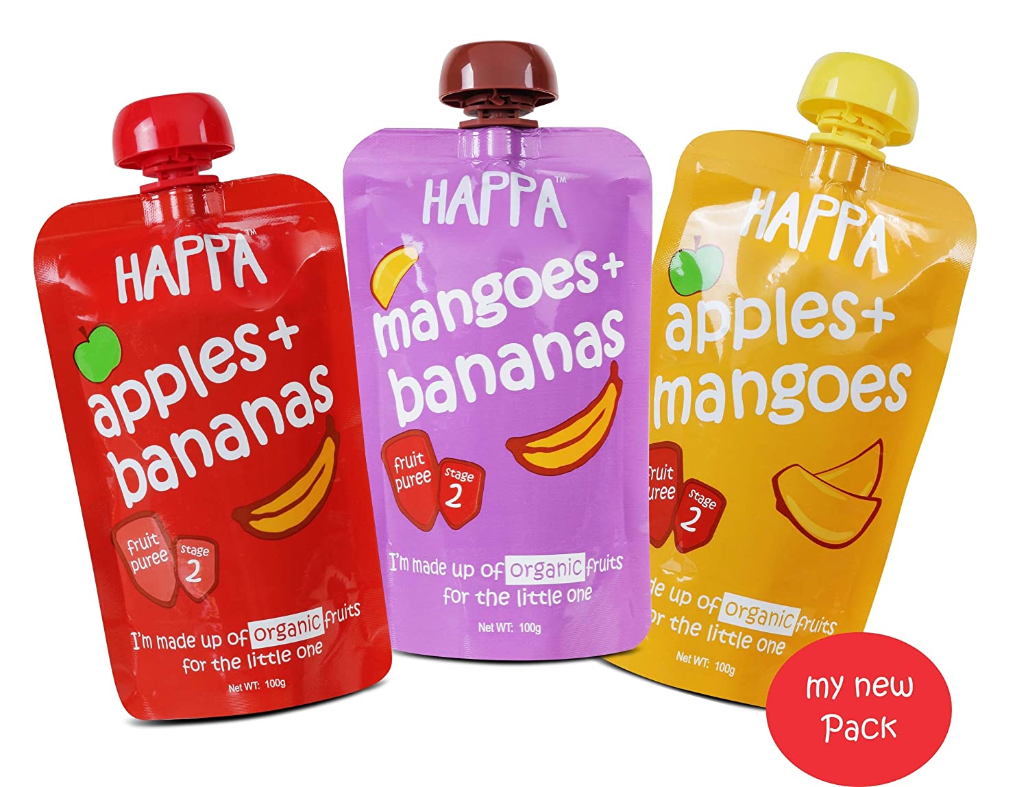Apple+Banana, Mango+Banana, Apple+Mango Fruit Puree (combo pack)(Pack of 3) - Happafoods