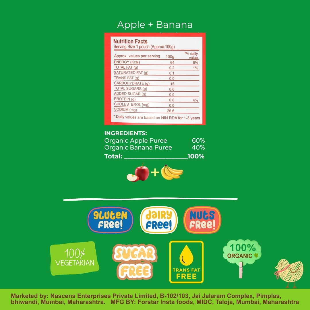 Happa Organic Baby Food Apple and Banana Puree | 100% Fruits | No Added Sugar, No Milk Powder, No Preservatives | Stage 2 (6 Months+) | Ready to Eat | Free from Common Allergens | Pack of 3 (100g Each)