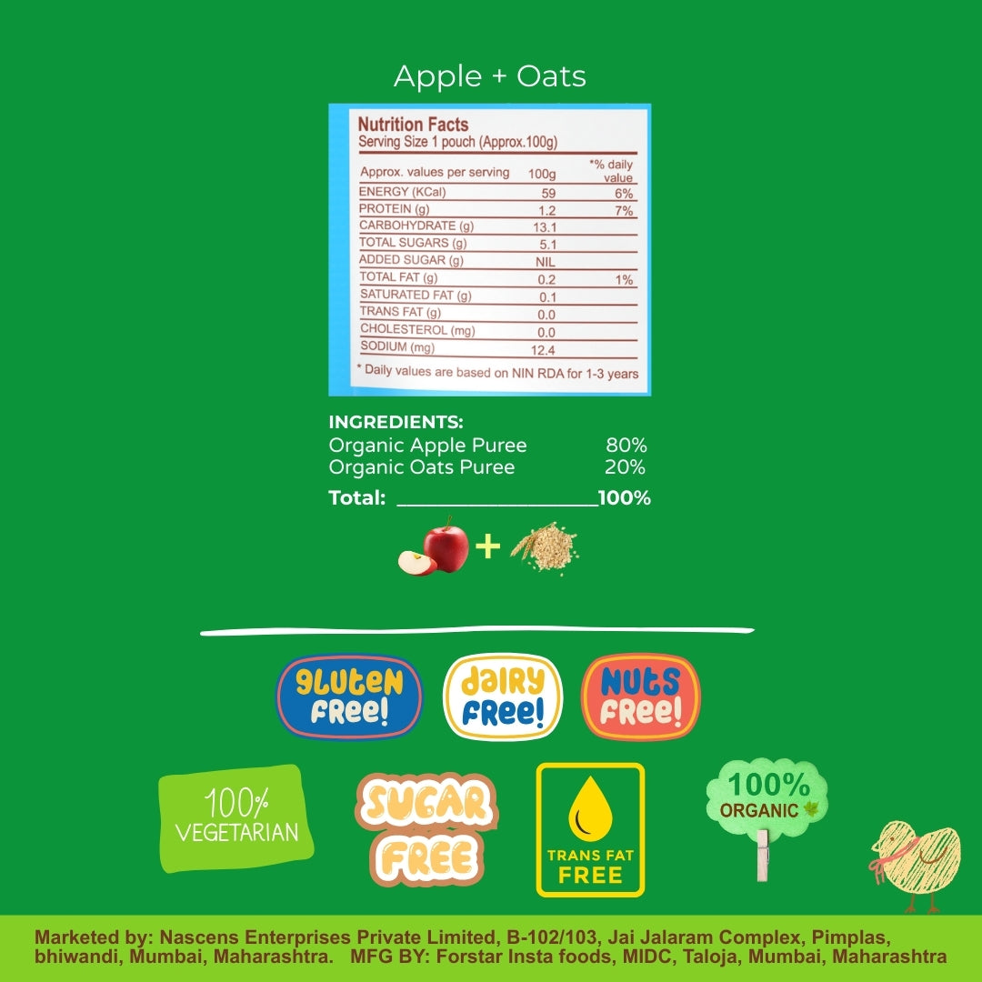 Happa Organic Baby Food Apple and Oats Puree | 100% Fruits and Oats | No Added Sugar, No Milk Powder, No Preservatives | Stage 2 (6 Months+) | Ready to Eat | Free from Common Allergens | Pack of 3 (100g Each)