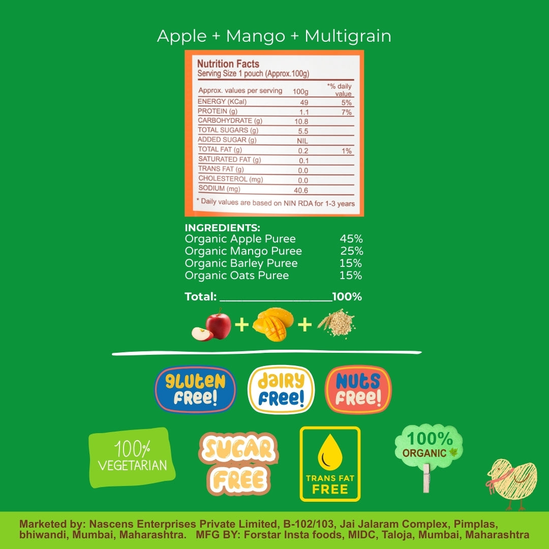 Happa Organic Baby Food Apple Mango and Multigrain Puree | 100% Fruits | No Added Sugar, No Milk Powder, No Preservatives | Stage 3 (8 Months+) | Ready to Eat | Free from Common Allergens | Pack of 3 (100g Each)