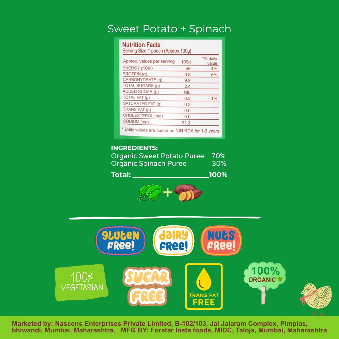 Happa Organic Baby Food Sweet Potato and Spinach Puree | 100% Fruits and Vegetables | No Added Sugar, No Milk Powder, No Preservatives | Stage 2 (6 Months+) | Ready to Eat | Free from Common Allergens | Pack of 3 (100g Each)