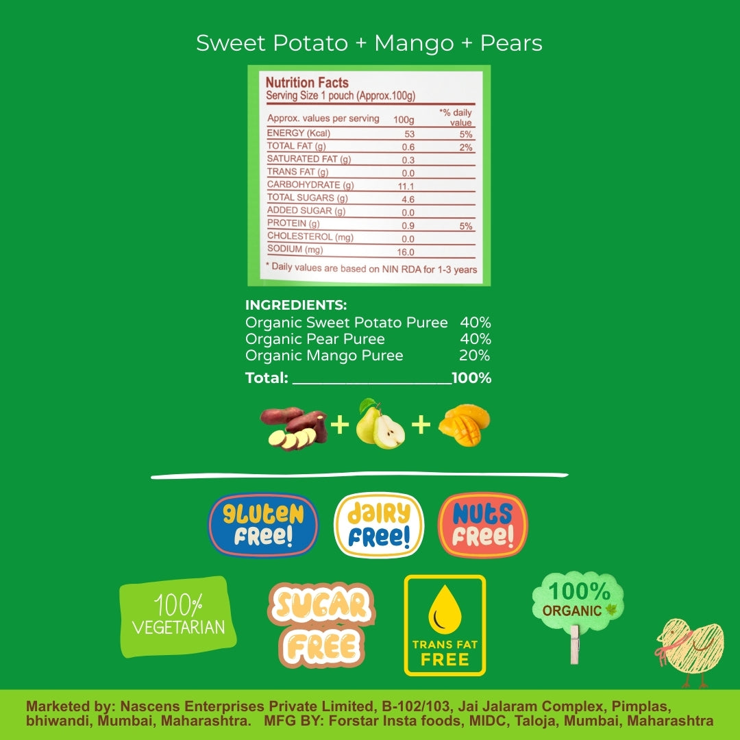 Happa Organic Baby Food Sweet Potato Mango and Pear Puree | 100% Fruits and Vegetables | No Added Sugar, No Milk Powder, No Preservatives | Stage 3 (8 Months+) | Ready to Eat | Free from Common Allergens | Pack of 3 (100g Each)