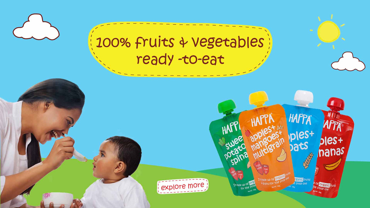 Mother and child eating healthy infant food-Happafoods organic puree, A Baby meal packed with essential nutrients of fruits, grains and vegetables