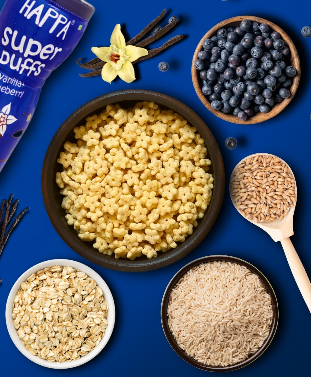 Happa Baby Puffs | Vanilla Blueberry Flavour | Made with Organic Ingredients | Melt-in-the-Mouth, Supports Self-Feeding & Baby-Led Weaning | No Artificial Flavours or Colours | Stage 2 (8 Months+) | Pack of 1 (40g Pack)