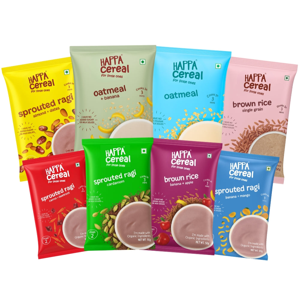 Happa Cereal packages in various flavors on a white background