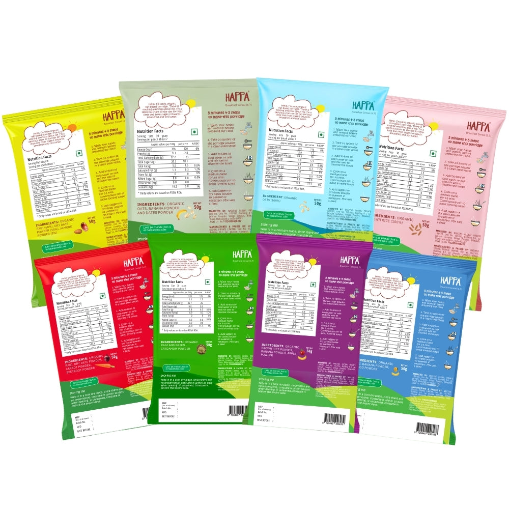 Happa Organic Trial Pack of Cereal (Ragi Cereal + Oatmeal Cereal + Brown Rice Cereal) ,8 Pouches, 6 Months