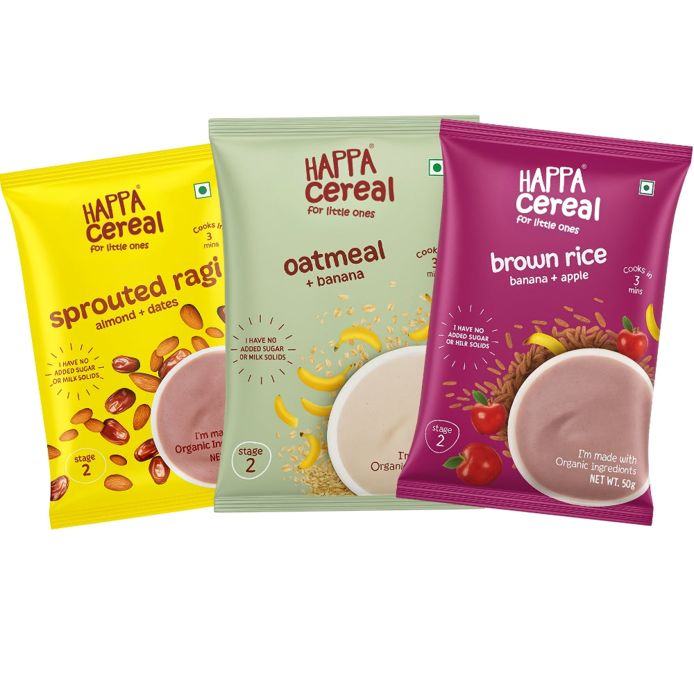 Happa Baby Cereal Combo – Oatmeal + Banana, Brown Rice + Apple + Banana & Ragi + Almonds + Dates. Stage 2 (6 Months+). 100% natural, no sugar, oil, milk powder, flavours or colours. Traditional porridge. Cooks in 3 minutes. Pack of 3 (50 g each)