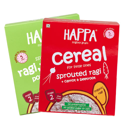 Happa Organic Ragi Cereal Mix- Ragi-Ragi and Ragi+Carrot+Beetroot- Pack of 2, 200 Gram Each - Happafoods