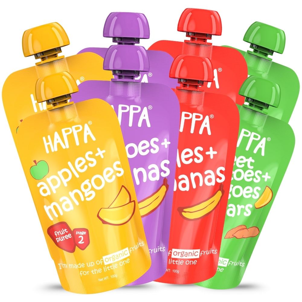 Happa Healthy Baby Food Puree | 100% Fruits and Vegetables | No Added Sugar, No Milk Powder, No Preservatives | Stage 2 (6 Months+) | Ready to Eat | Free from Common Allergens | Pack of 8 (100g Each)