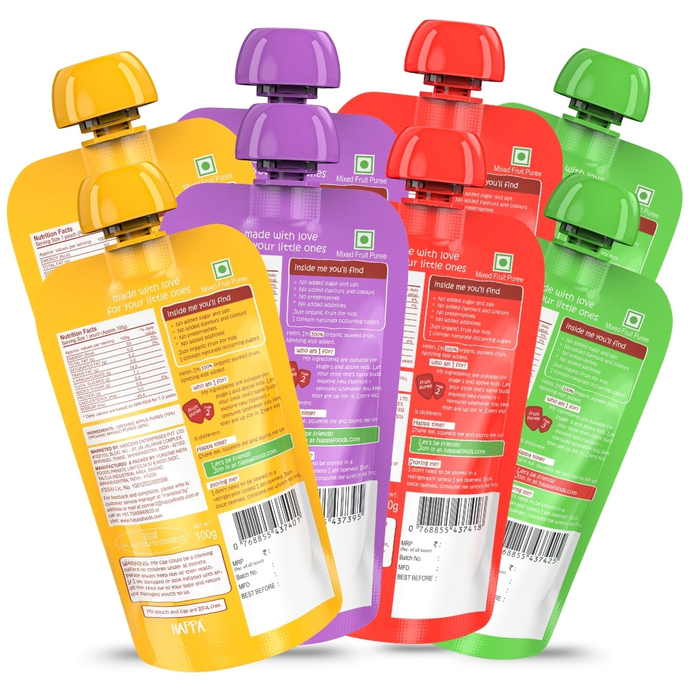 Happa Healthy Baby Food Puree | 100% Fruits and Vegetables | No Added Sugar, No Milk Powder, No Preservatives | Stage 2 (6 Months+) | Ready to Eat | Free from Common Allergens | Pack of 8 (100g Each)