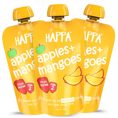 Happa Organic Baby Food Apple and Mango Puree | 100% Fruits | No Added Sugar, No Milk Powder, No Preservatives | Stage 2 (6 Months+) | Ready to Eat | Free from Common Allergens | Pack of 3 (100g Each)