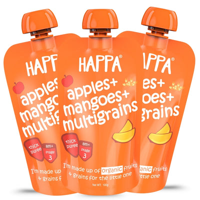 Happa Organic Baby Food Apple Mango and Multigrain Puree | 100% Fruits | No Added Sugar, No Milk Powder, No Preservatives | Stage 3 (8 Months+) | Ready to Eat | Free from Common Allergens | Pack of 3 (100g Each)