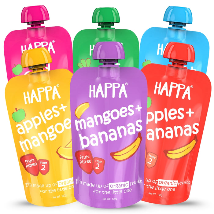 Happa Healthy Baby Food Puree Travel Pack | Natural Fruits, Grains and Vegetables | No Added Sugar, No Milk Powder, No Preservatives | Stage 2 (6 Months+) | Ready to Eat | Free from Common Allergens | Pack of 6 (100g Each)