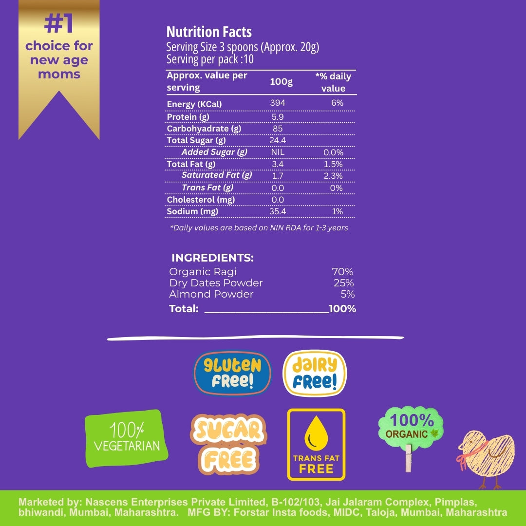 Happa Ragi Almonds Dates Cereal for Babies | Only 3 Ingredients | No Sugar, Oil, Milk Powder, Flavours or Colours | Traditional Porridge Recipe | Cooks in 3 Minutes | Stage 2 (6 Months+) | 200g Pack