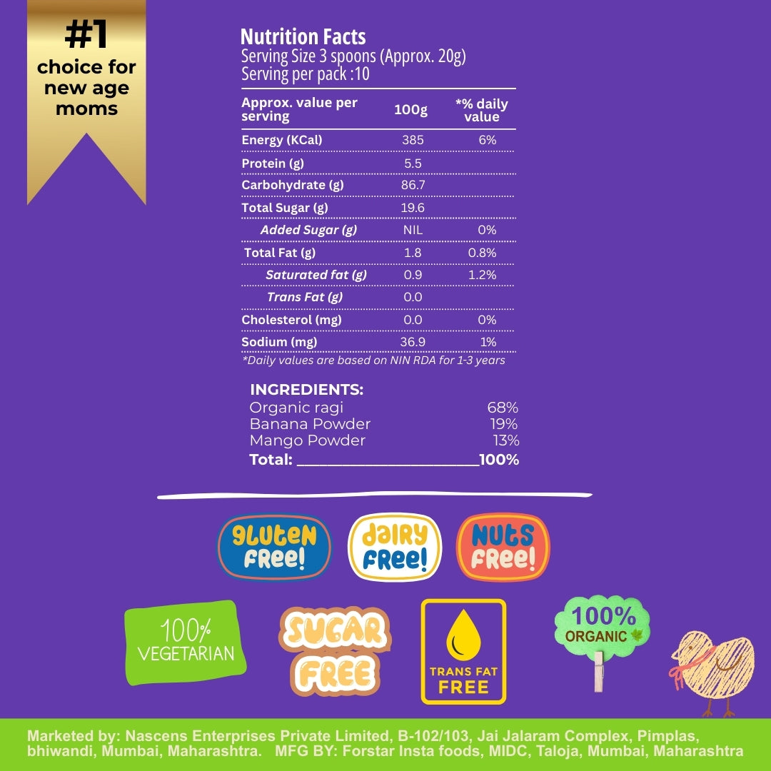 Happa Ragi Mango Banana Cereal for Babies | Only 3 Ingredients | No Sugar, Oil, Milk Powder, Flavours or Colours | Traditional Porridge Recipe | Cooks in 3 Minutes | Stage 2 (6 Months+) | 200g Pack