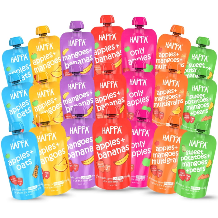 Happa Healthy Baby Food Puree Monthly Combo Pack | 100% Fruits, Grains and Vegetables | No Added Sugar, No Milk Powder, No Preservatives | Stage 2 (6 Months+) | Ready to Eat | Free from Common Allergens | Pack of 21 (100g Each)