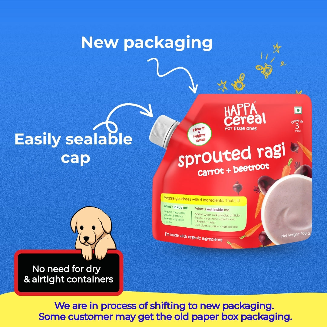Happa Ragi Carrot Beetroot Cereal for Babies | Only 3 Ingredients | No Sugar, Oil, Milk Powder, Flavours or Colours | Traditional Porridge Recipe | Cooks in 3 Minutes | Stage 2 (6 Months+) | 200g Pack