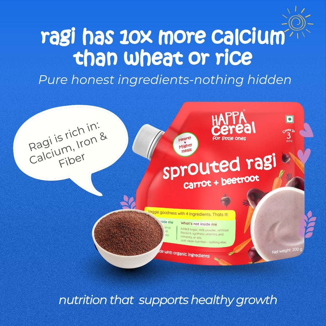 Happa Ragi Carrot Beetroot Cereal for Babies | Only 3 Ingredients | No Sugar, Oil, Milk Powder, Flavours or Colours | Traditional Porridge Recipe | Cooks in 3 Minutes | Stage 2 (6 Months+) | 200g Pack