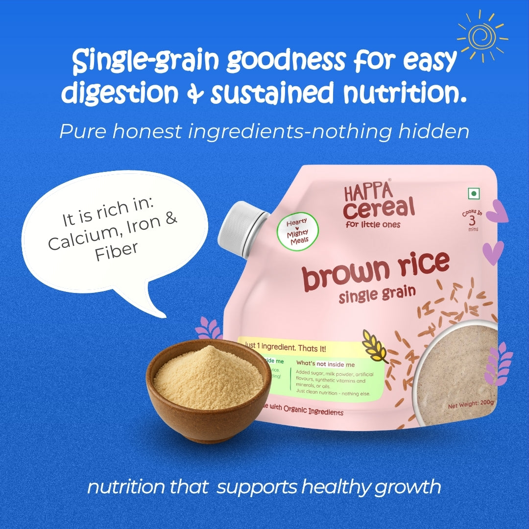 Happa Brown Rice Cereal for Babies | 1 Ingredient | No Sugar, Oil, Milk Powder, Flavours, Colours | Cooks in 3 Minutes | Stage 2 (6 Months+) | 200g Pack