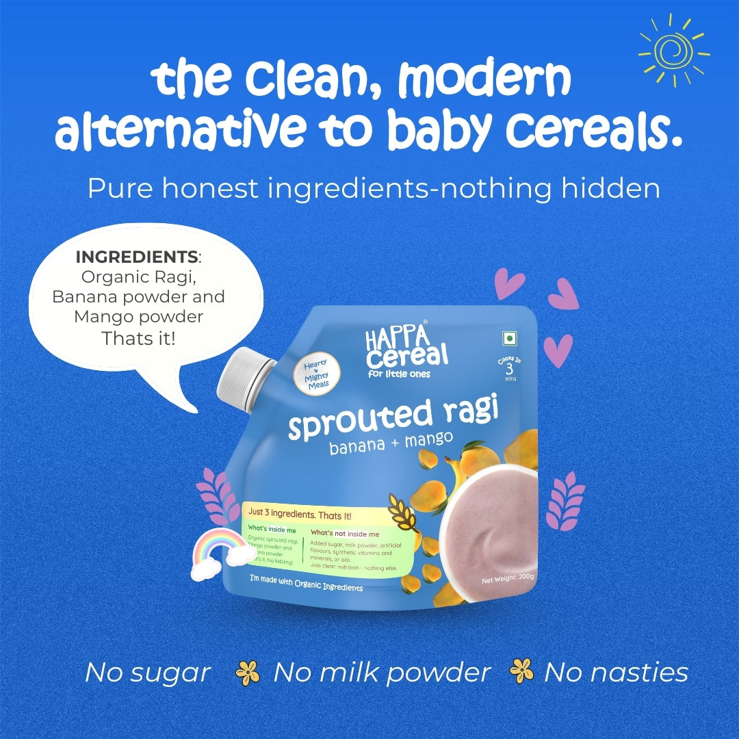 Happa Ragi Mango Banana Cereal for Babies | Only 3 Ingredients | No Sugar, Oil, Milk Powder, Flavours or Colours | Traditional Porridge Recipe | Cooks in 3 Minutes | Stage 2 (6 Months+) | 200g Pack