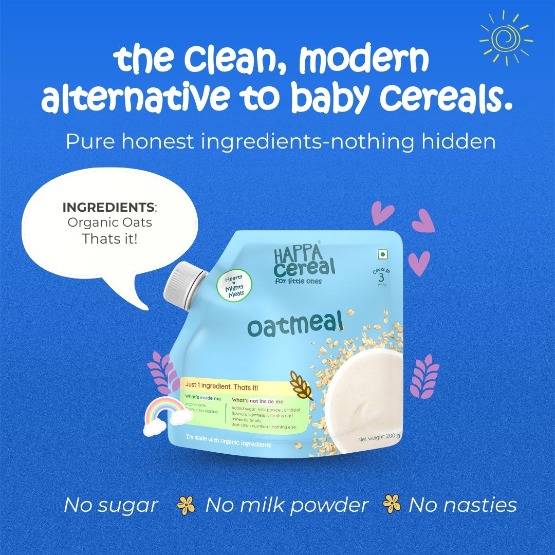 Happa Oatmeal Cereal for Babies | Only 1 Ingredient | No Sugar, Oil, Milk Powder, Flavours or Colours | Traditional Porridge Recipe | Cooks in 3 Minutes | Stage 2 (6 Months+) | 200g Pack