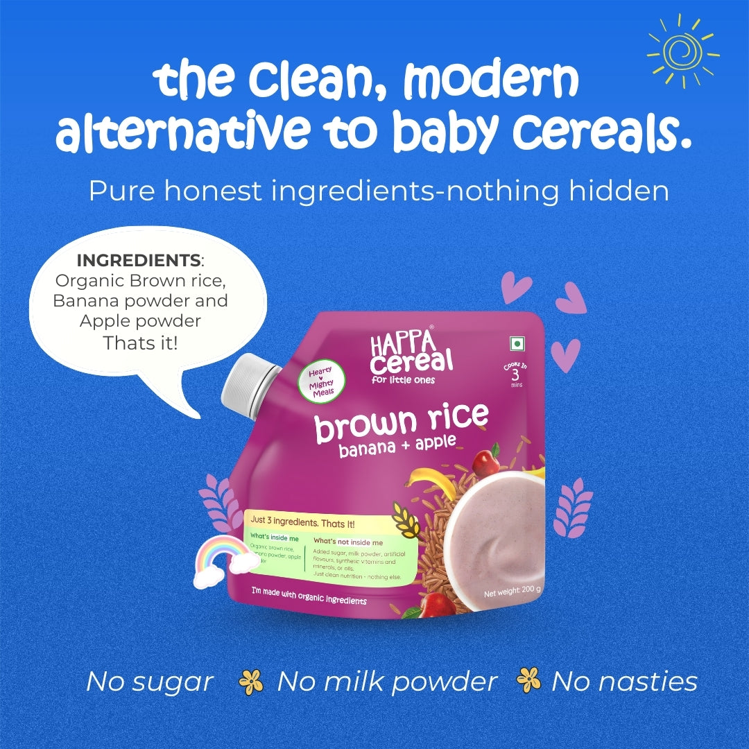 Happa Brown Rice Apple Banana Cereal for Babies | 3 Ingredients | No Sugar, Oil, Milk Powder, Flavours, Colours | Cooks in 3 Minutes | Stage 2 (6 Months+) | 200g Pack
