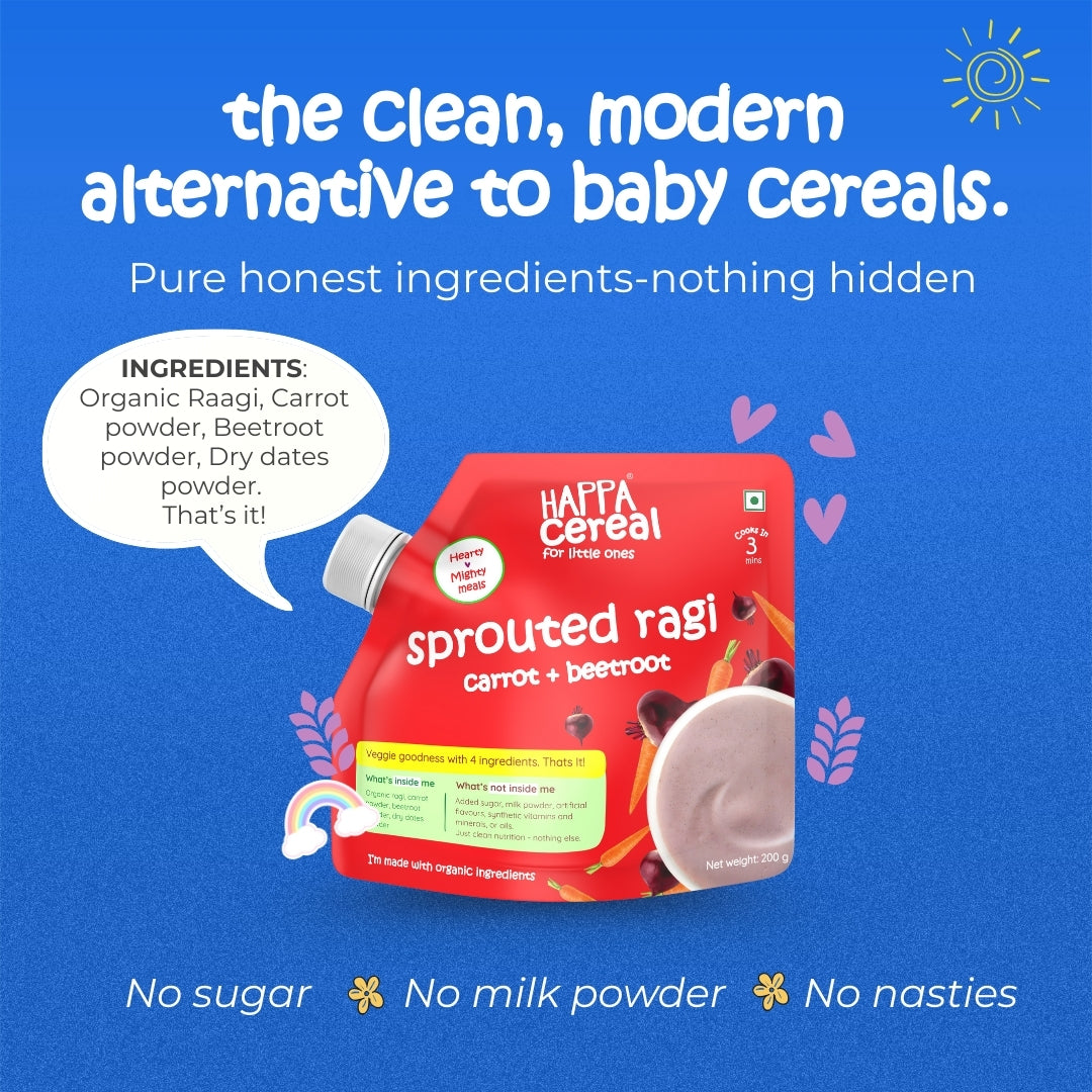 Happa Ragi Carrot Beetroot Cereal for Babies | Only 3 Ingredients | No Sugar, Oil, Milk Powder, Flavours or Colours | Traditional Porridge Recipe | Cooks in 3 Minutes | Stage 2 (6 Months+) | 200g Pack