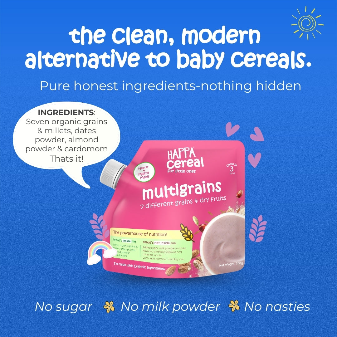 Happa Multigrain Cereal for Babies | Only 7 Ingredients | No Sugar, Oil, Milk Powder, Flavours or Colours | Traditional Porridge Recipe | Cooks in 3 Minutes | Stage 2 (6 Months+) | 200g Pack